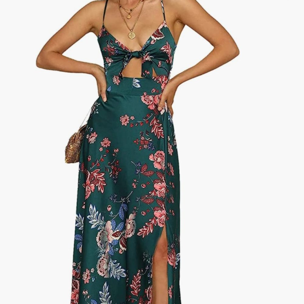 Spaghetti Strap Midi Satin Dresses Tie Front Backless Split Hollow Dress